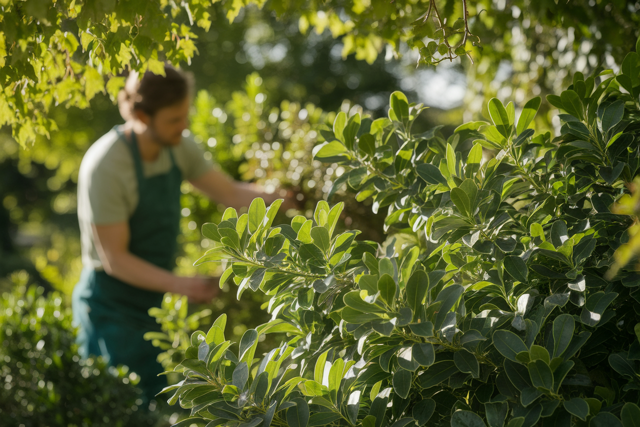 jardin-luxuriant-jardinier-dos-taille-laurier